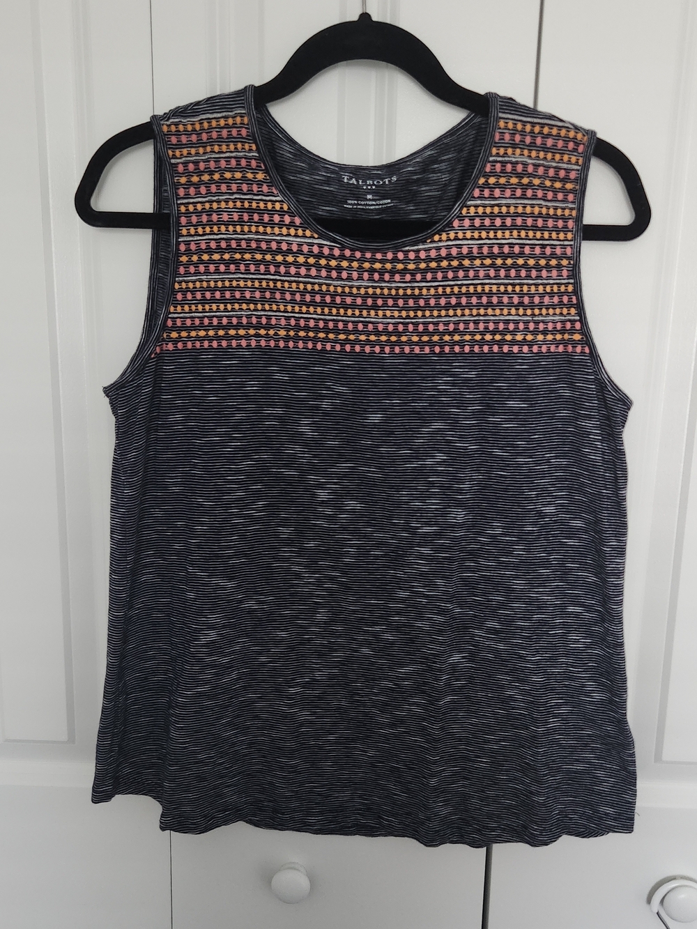 Talbots Navy Tank with Coral & Pink Embroidered Yoke